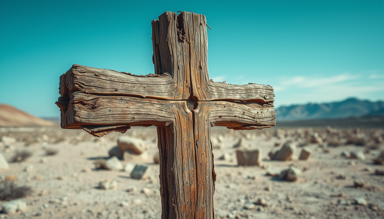 A wet wooden cross that is crumbling with visible signs of bad fungal degradation, wet rot and dry rot. The cross is standing in a barren desert landscape. The overall feel is depressing and desolation. - Image