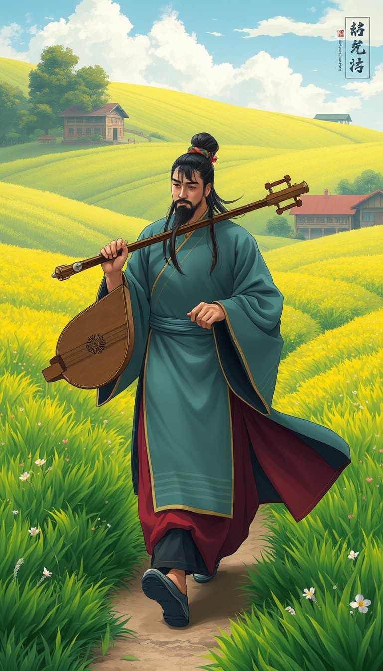 Illustration of Gong Mingyi walking through lush green fields, carrying a qin, vibrant farmland scenery.