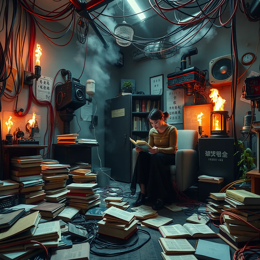 A real-life photograph, wide shot, of a tall strong woman and a girl reading books in the corner of a room. The room has some books scattered messily, and many wires of varying thicknesses are on the floor and in the air, including red, blue, yellow, and other colors. Additionally, there are some machines emitting steam and fire. The lighting is dim, and there are some plants. There are Chinese letters or Japanese letters.