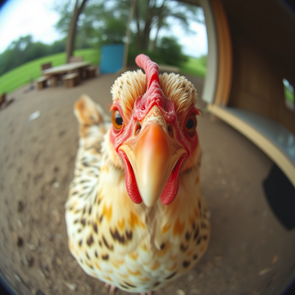 Silly fish-eye lens image of chicken staring directly into the camera with a befuddled look.