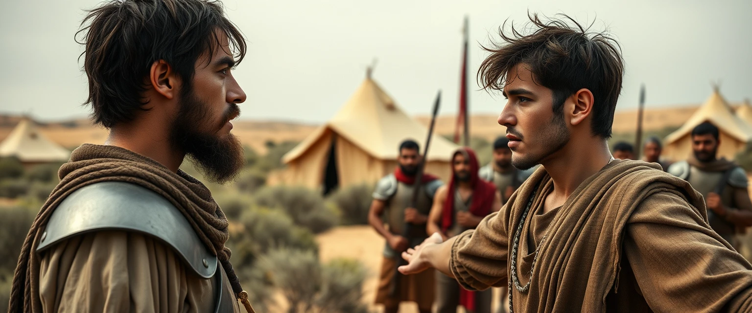 Create a scene of two men facing and staring at one another. The man on the right is a young Jewish man in his mid-20s, dressed as a simple shepherd with his arms stretched out to the sides. He has dark, messy, unkempt hair and a beard and looks shocked. The man on the left is a slim Jewish man in his mid-30s with a Jewish beard, wearing only simple biblical-era Israelite armor. A group of four ancient biblical-era Israelite soldiers is crowding around the man on the left. In the background, there are Arabic army tents pitched on desert shrubland. The overall mood of the image is one of anxiety and concern.