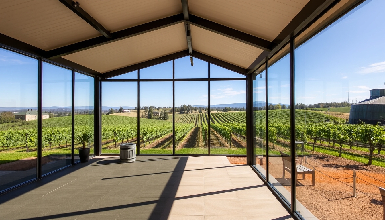 A picturesque vineyard with a glass-walled tasting room overlooking the grapevines.