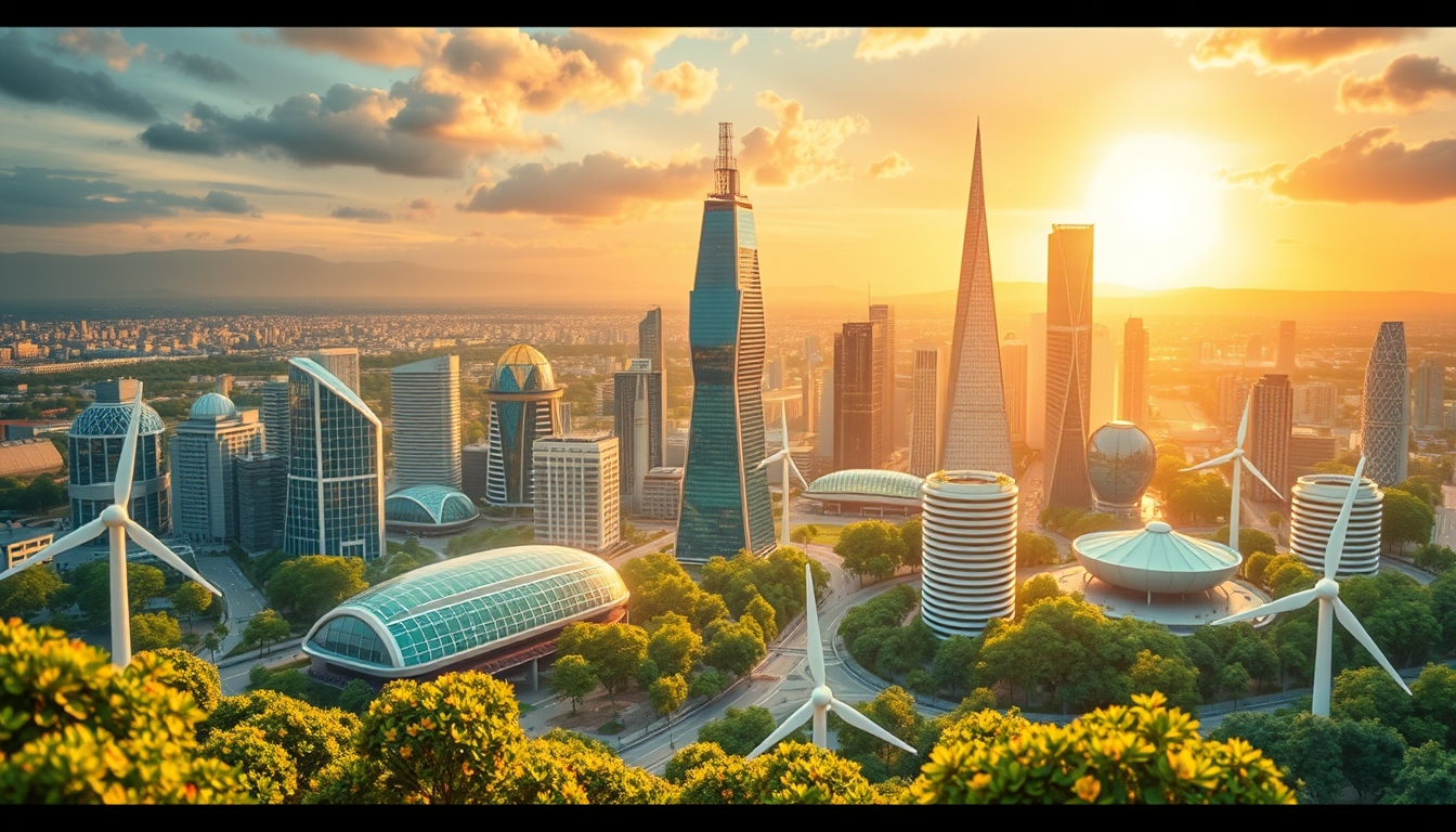 Futuristic cityscape with renewable energy sources, symbolizing the new economy.