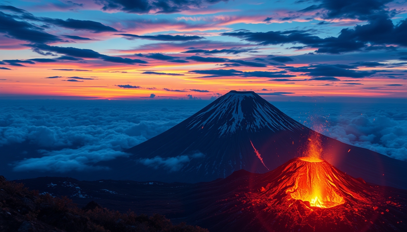 Volcano landscape image. Styled like an anime or game background. Blue sky, sunset, sunrise, night, fog, snow, rain, cloudiness, autumn leaves, rainbow.