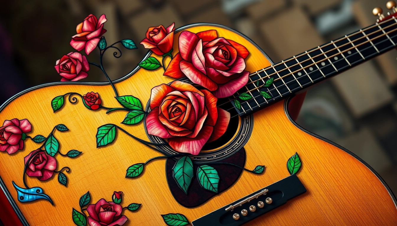 A symphony of love blossoms forth, a grand acoustic guitar adorned with intricate stained glass motifs, its curvaceous form embraced by vibrant roses and delicate tendrils, each fret a petal unfurling into a kaleidoscope of passion and melody.