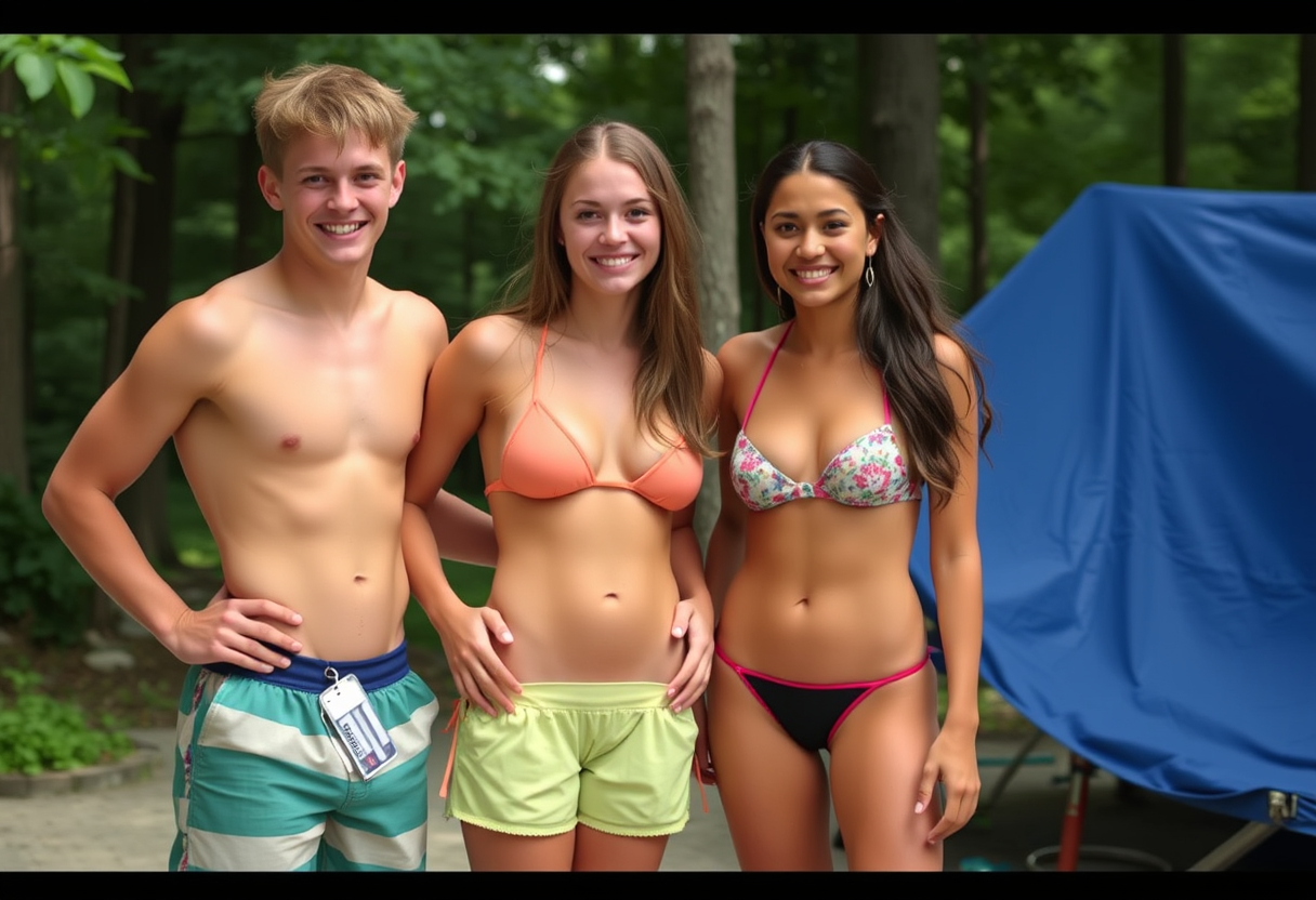 Two summer campers ask their bunkmate to judge which of them has the more revealing bikini. - Image