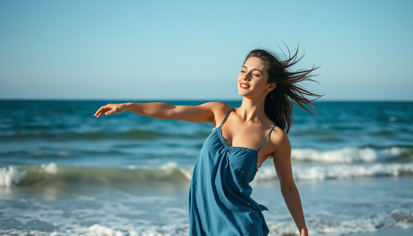 photo of a young woman at the beach, dynamic pose --ar 16:9 --style raw --stylize 200 - Image