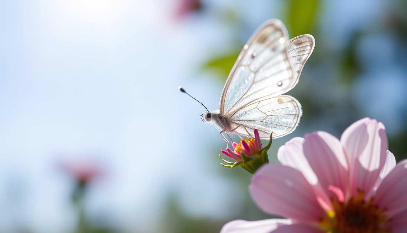 A delicate glass butterfly perched on a blooming flower, catching the sunlight.