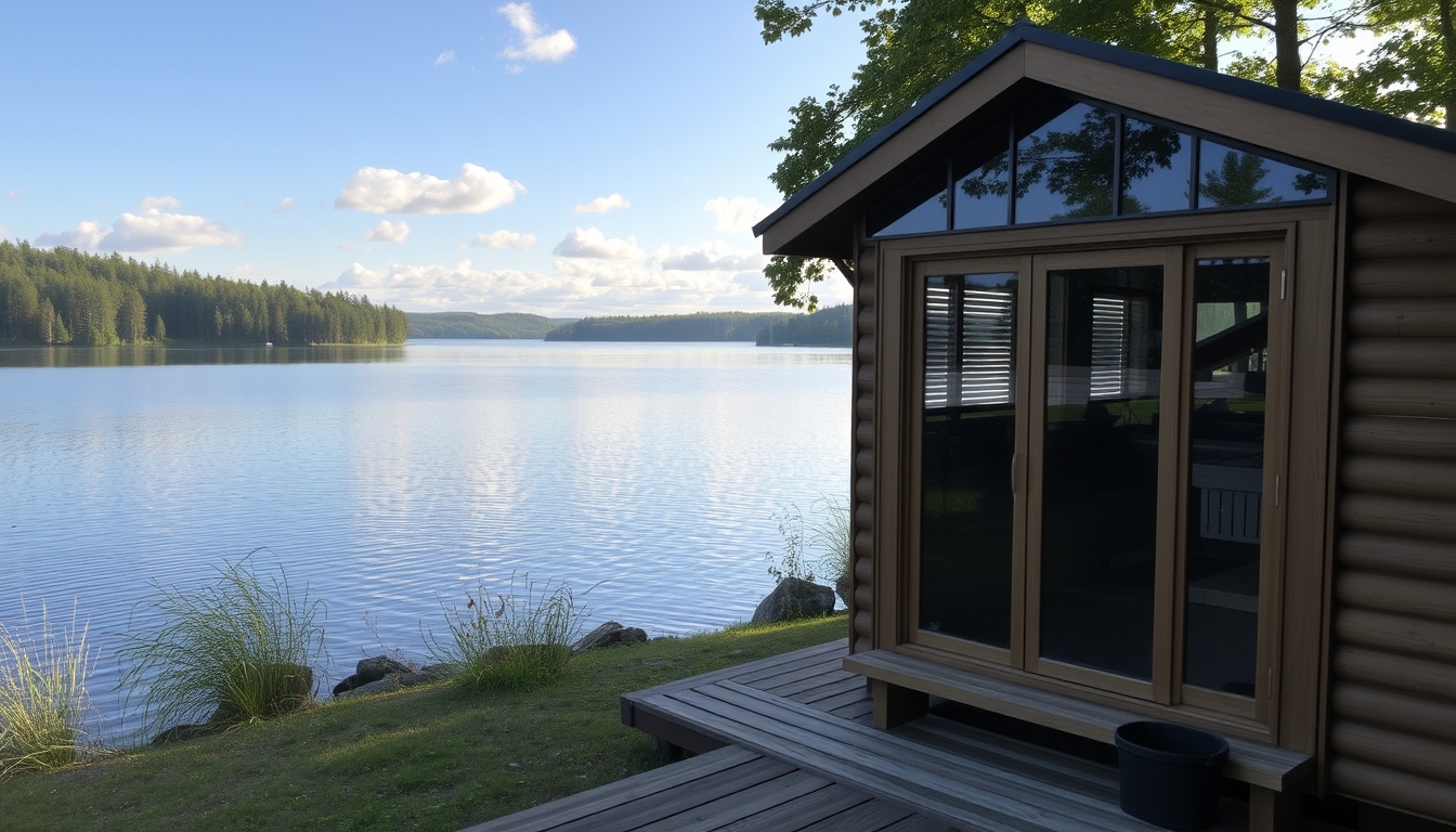 A peaceful lakeside retreat with a glass-fronted sauna overlooking the water. - Image