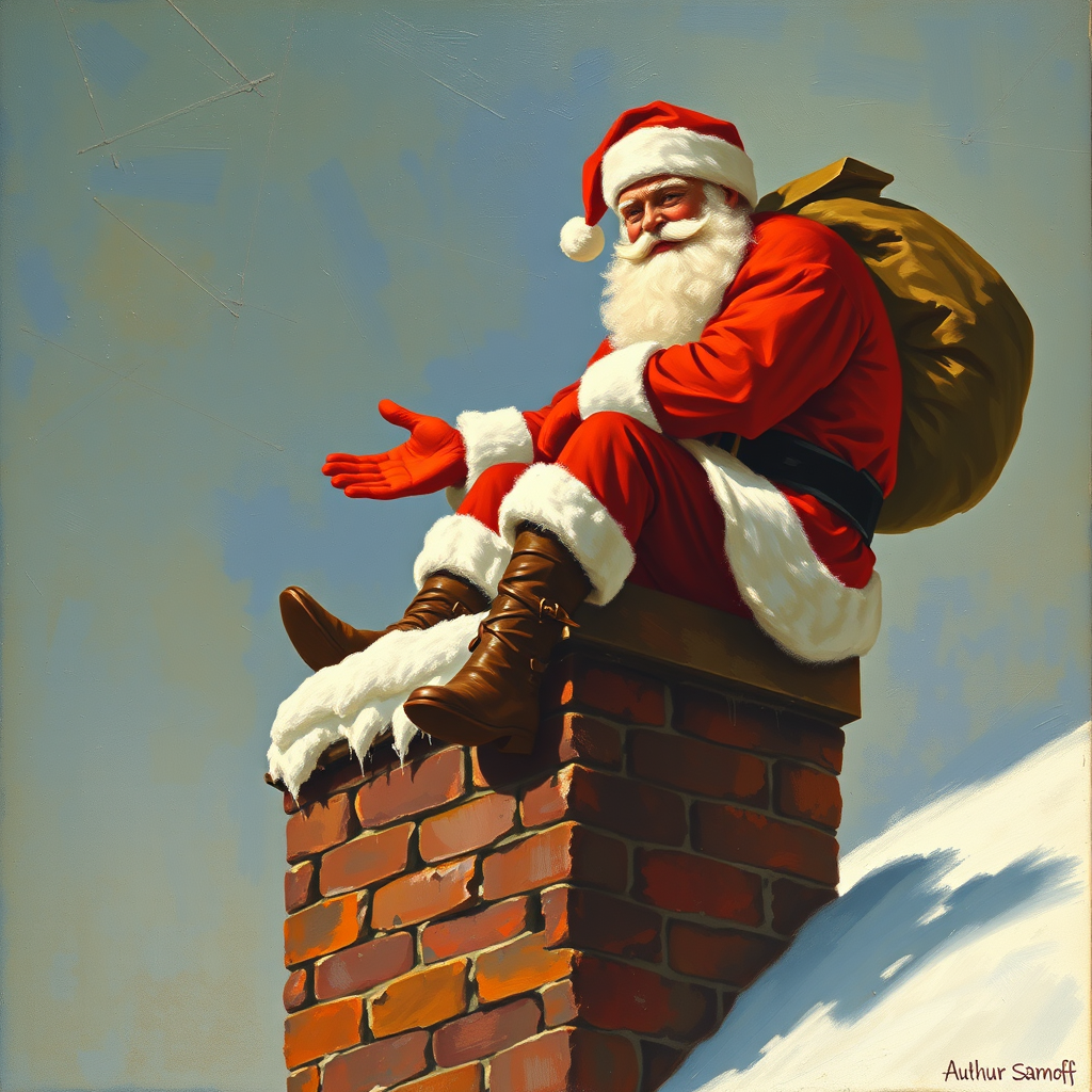 Santa sitting on top of a chimney, straining as he holds on to the rim, a painting by Authur Sarnoff. - Image