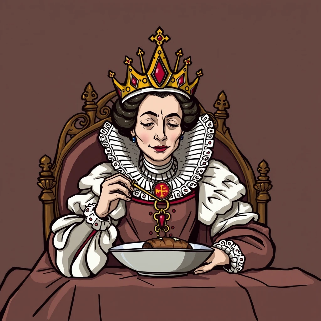 "The queen is so lazy that she can’t even lift a finger to feed herself; she has the maid feed her bite by bite." - Image