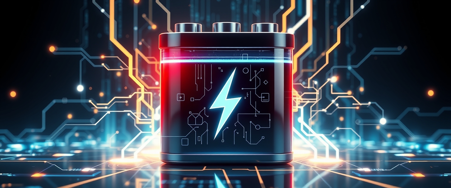 A High-Tech Battery with a Lightning Icon Surrounded by Digital Elements - Image