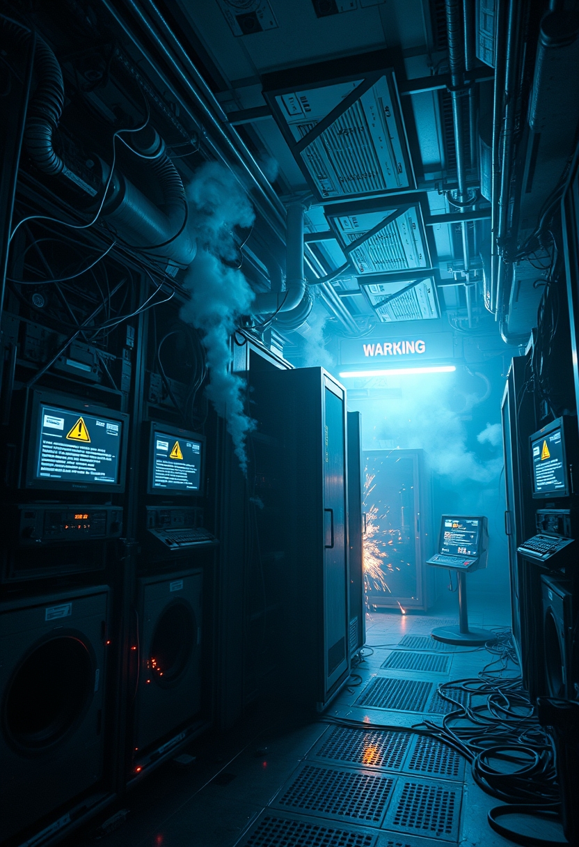 A futuristic server room, by Syd Mead and Ash Thorp, abandoned, dark, dimly lit, eerie atmosphere, warning signs, caution tape, broken machinery, sparks flying, smoke rising, futuristic computer hardware, tangled wires, error messages on screens, 8k, octane render, cinematic, key art, hyperrealism, low-angle shot, dramatic lighting, fog, mist, (abandoned), (neglected), (decaying), Canon EOS 5D, ƒ 2.8, 24 mm, medium-format print.