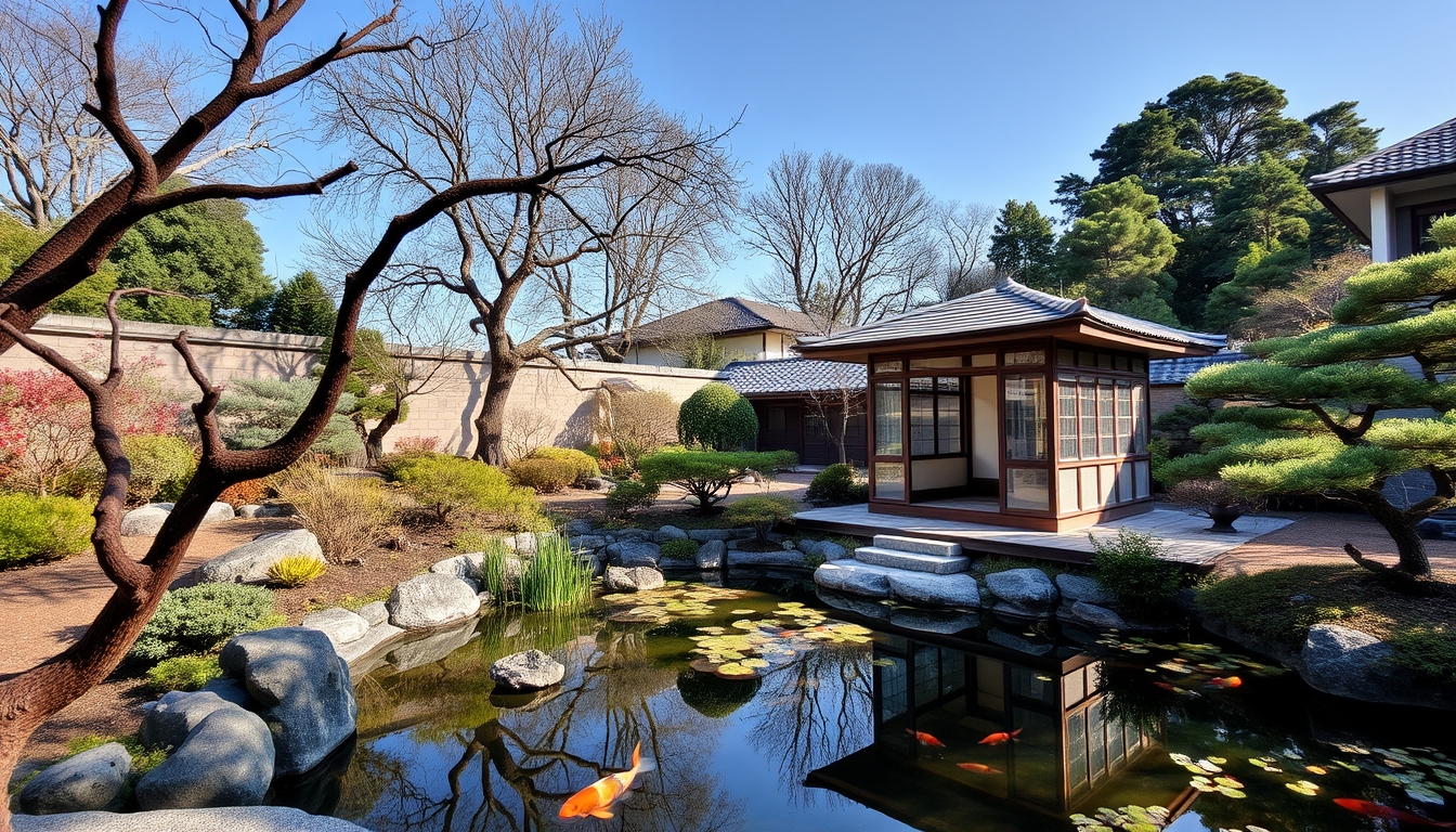 A serene Japanese garden with a glass teahouse overlooking a koi pond.