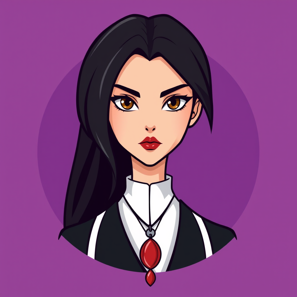 A basic simple vector logo of a beautiful female character with hazel brown eyes, long, dark black hair, wearing a black and white outfit with a red pendant necklace, and serious face with red lipstick, on a purple background.