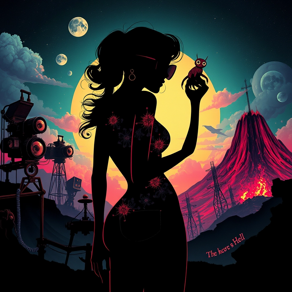 Silhouette of a fashionista model with nice curves showcasing a big backside, a cute creature with big eyes in her hand. The perspective features a pop rock, fluorescent collage with sci-fi steampunk machinery, extra dust particle clouds, octane rendering, and paper art ink art inspired by Méliès and Jules Verne. It includes big-eyed creatures from hell, a burning mountain, a vintage camera, double exposure, and glitch particles, all in 3D motion, layered across multiple universes, embodying ultra beauty and poetic essence.