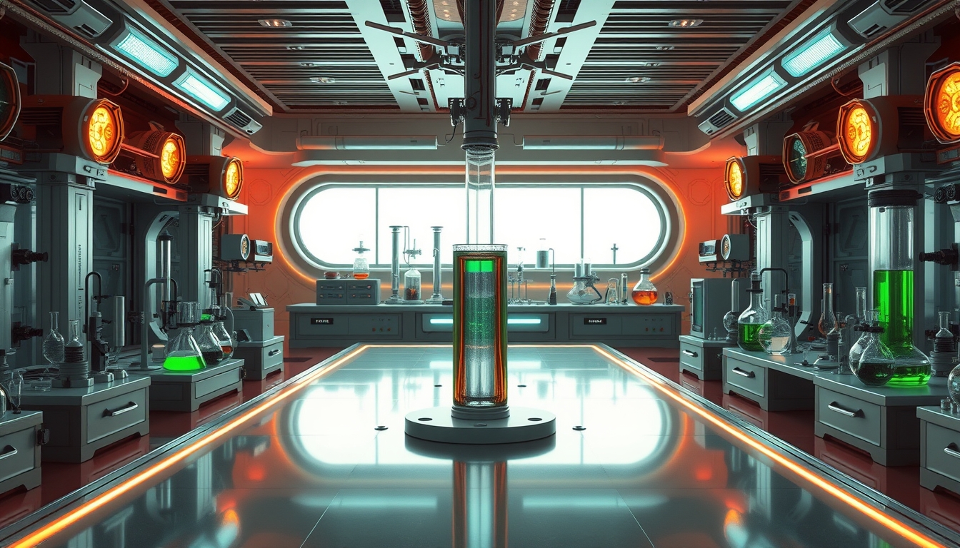 A futuristic laboratory with glass test tubes and advanced scientific equipment.