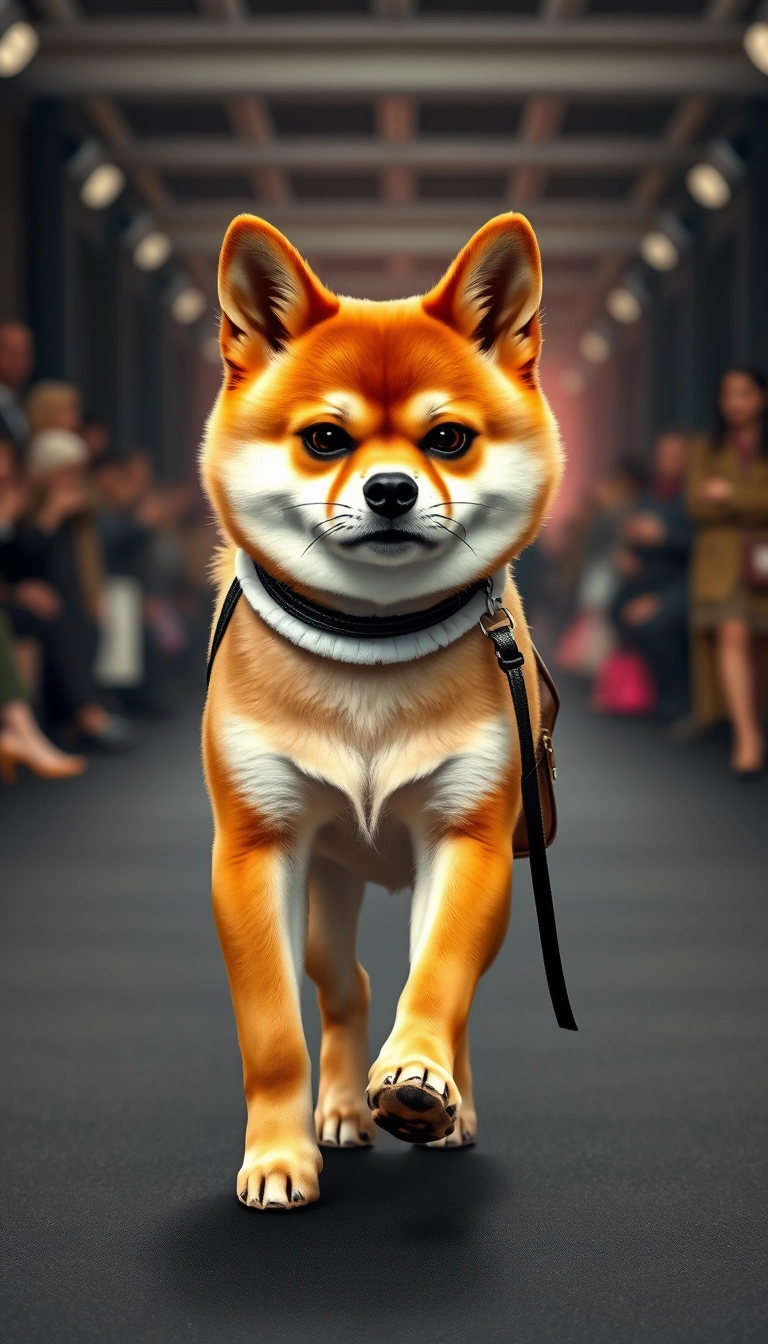 A small Shiba Inu, with a stern expression and fashionable attire, walks anthropomorphically on the runway of Paris Fashion Week, striding with the gait of a model, posing for a full-body shot from the front, in a realistic art style with extremely lifelike details and high-definition quality. - Image