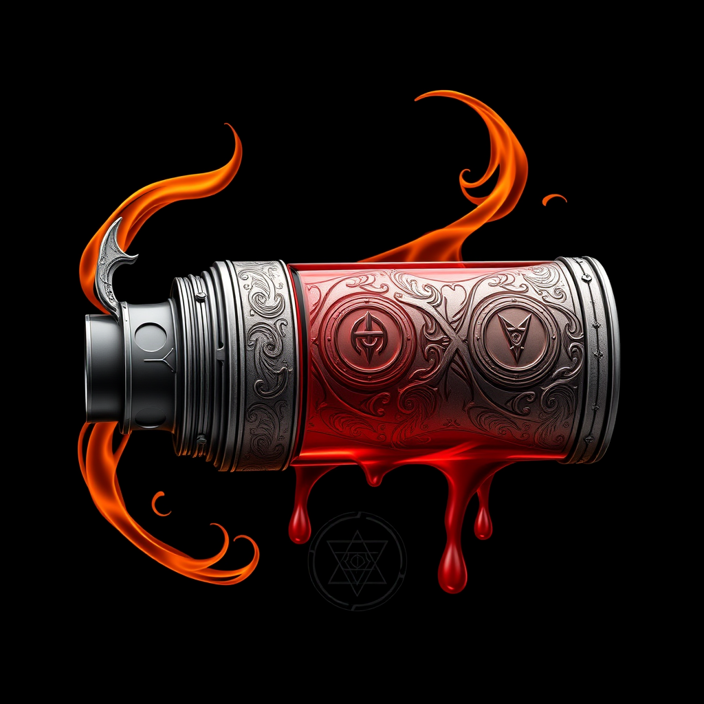 Hyper-realistic logo design for DoomVapes: Intricately detailed metallic vape tank, engraved with infernal motifs. Hellfire wisps curl around the device. Blood-red liquid seeps through cracks. Chthonic symbols etched on sleek surface.