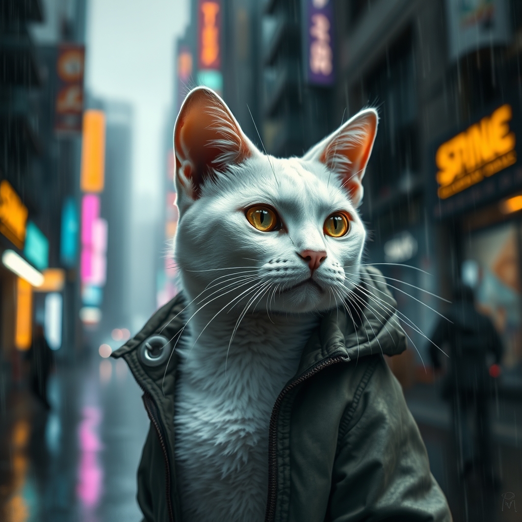 An adult white cat stands in a cyberpunk city, in the rain. He's wearing a cyberpunk style jacket. The cat has an augmentation on his right eye and a lot of scars. Cyberpunk implants are visible on the cat. A masterpiece, maximum detail, cinematography. - Image