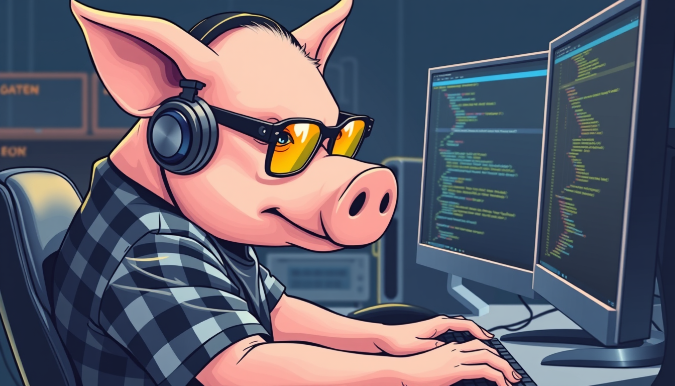 A tech-savvy pig coder, wearing yellow-tinted glasses and sleek noise-cancelling headphones, hunches over a cutting-edge multi-monitor setup. The anthropomorphic pig exudes focus, typing furiously. He is wearing a plaid t-shirt.