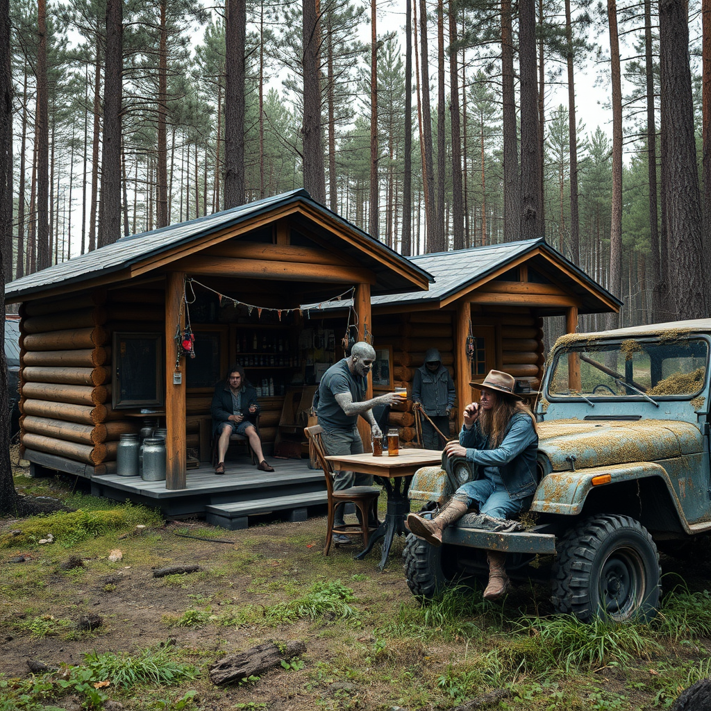 Real-life photography, wide shot: In the forest, there are two wooden cabins selling alcohol, and a dressed zombie comes to buy some. Next to the cabin, there is one table and two chairs, with a zombie wearing a hat sitting and drinking. A female barbarian is selling the alcohol. There is also an abandoned off-road vehicle nearby, covered in moss and weeds. - Image