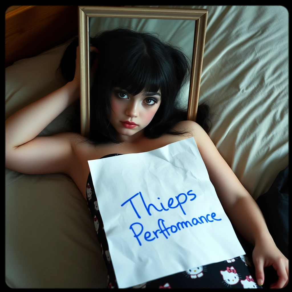 A gothic girl is lying on the bed in Hello Kitty pants. She shows half of her face to the mirror. What is reflected in the mirror is a piece of paper. Also, the paper is on top of the girl's, and the writing on the paper is blue, and it says "Thieps Performance" on it. - Image