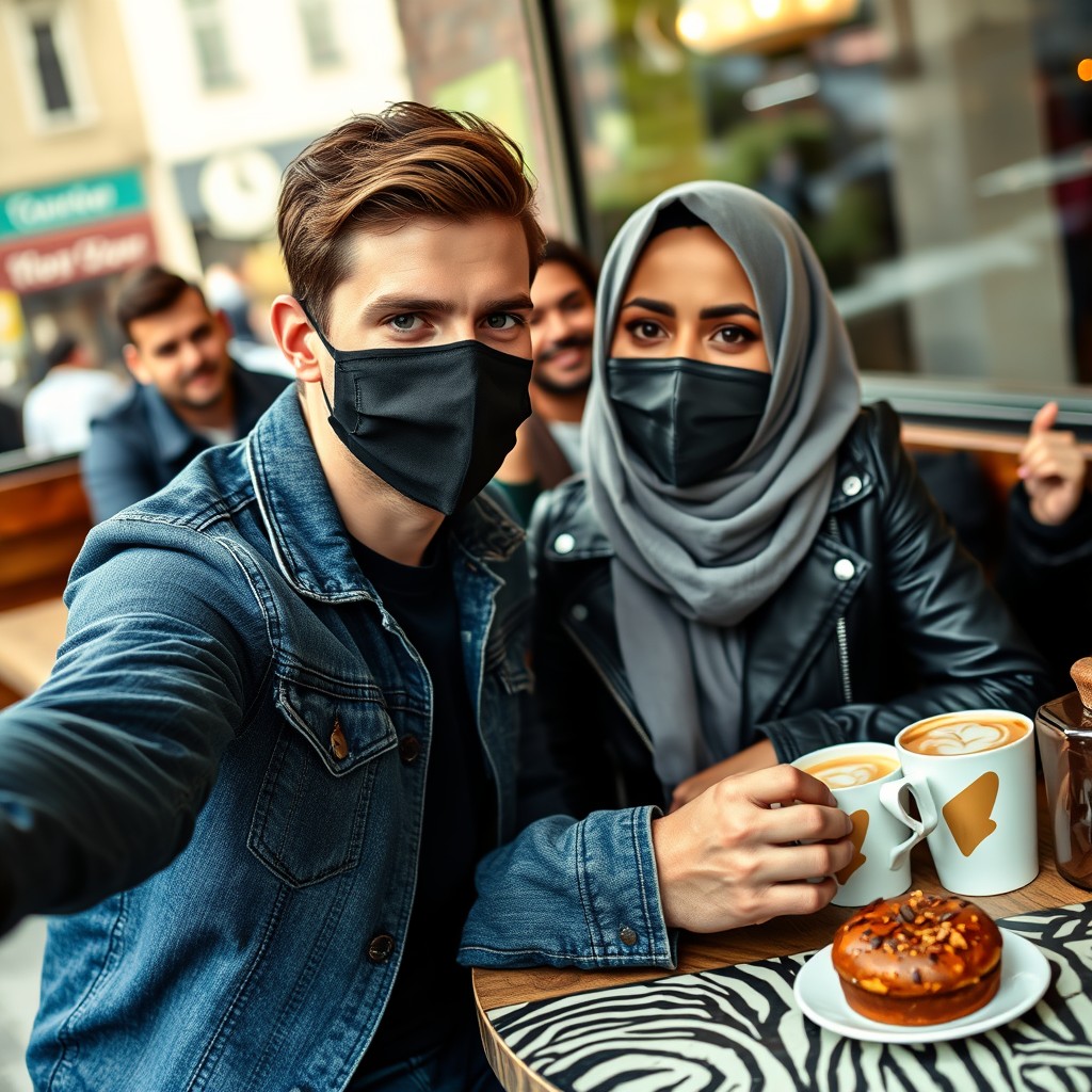 Jamie Dornan's head and body shot, handsome, black face mask, blue jeans jacket, jeans, dating a Muslim girl with a grey hijab, beautiful eyes, black face mask, black leather jacket, biggest zebra pattern skirt, at a cafe, 2 cups of latte, muffin cake, chocolate donut on a table, with another 3 friends smiling in the back, photorealistic, hyper-realistic, street photography, selfie. - Image