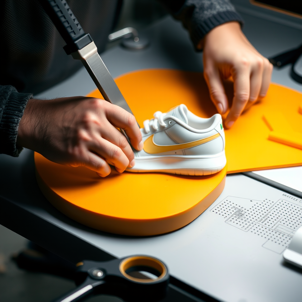 Modern document tools about the cutting process for creating Nike shoes.