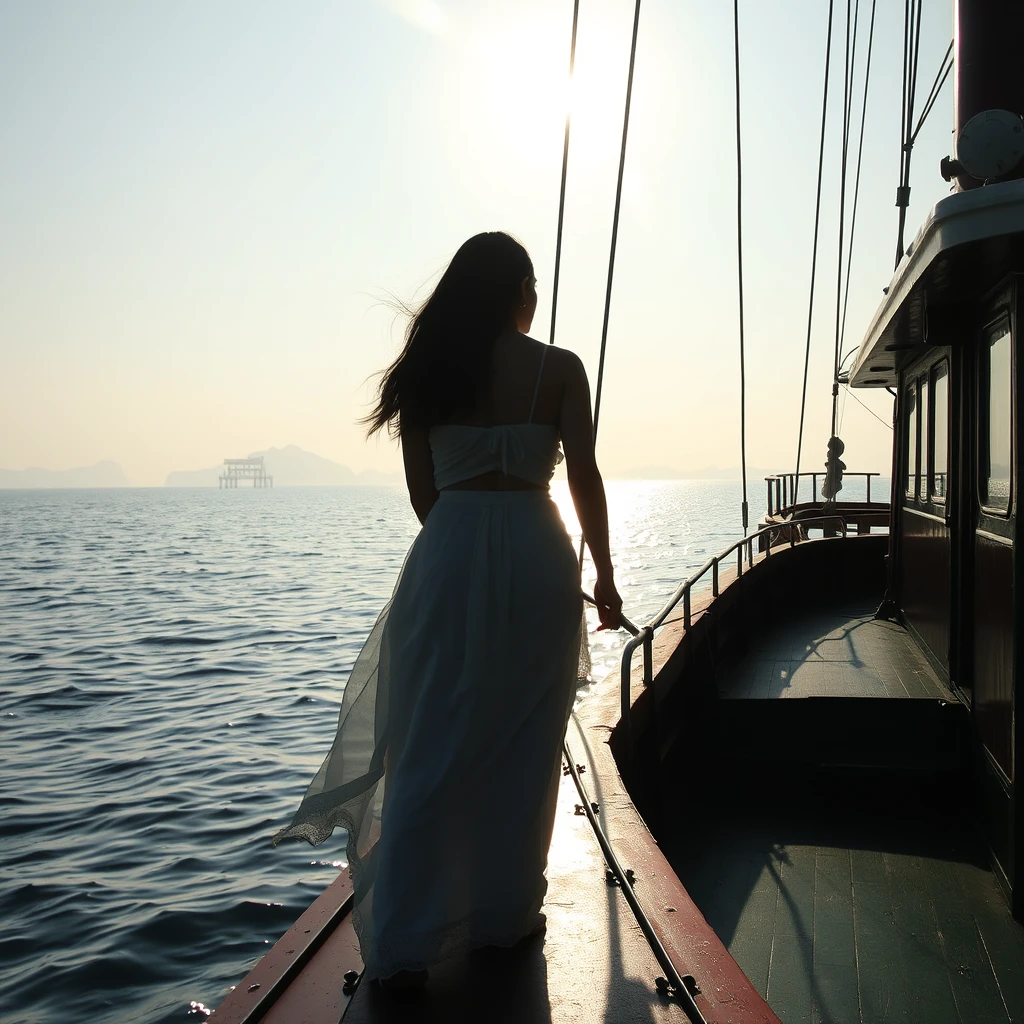 Woman at the bow of a ship, first rays of sunlight through mist, shimmering sea, pier fading in morning light, Cheung Chau Island silhouette, untouched sanctuary, serene and majestic, ethereal atmosphere, photorealistic style. Cheung Chau Island Hong Kong, high-definition. - Image