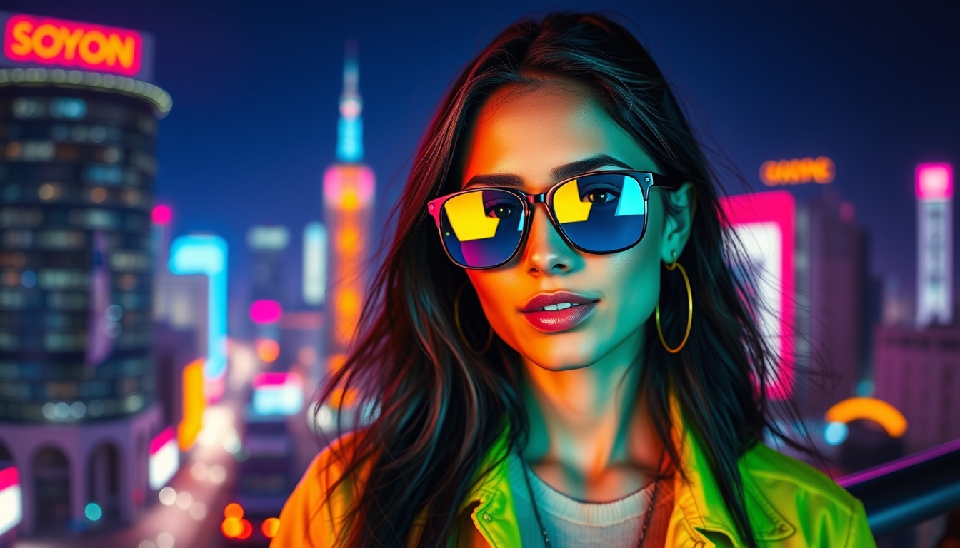 A stylized portrait of a young woman in 80s-inspired fashion, neon lights reflecting off her sunglasses, with a vibrant cityscape in the background. - Image