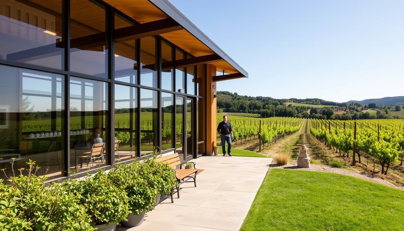 A picturesque vineyard with a glass-walled tasting room overlooking the grapevines. - Image