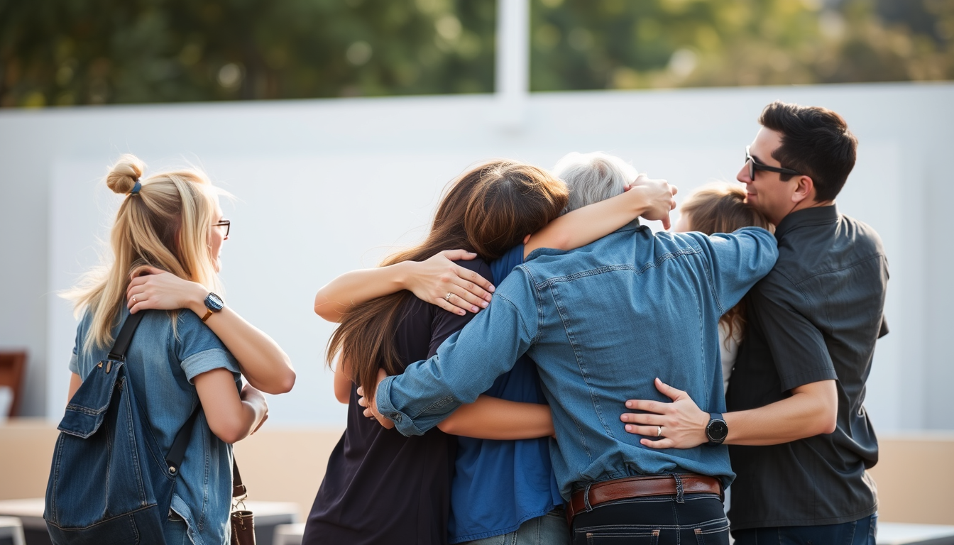 A group of friends hugging each other.