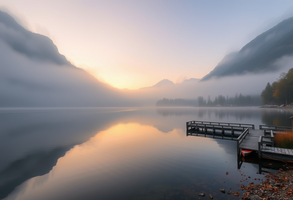 Tranquil, misty lake, surrounded by mountains, serene, high quality, photorealistic, reflection, peaceful, morning fog, autumn colors, breathtaking, idyllic::0.8 wooden pier, fishing boats, ducks, lakeside cabins, hiking trails, sunrise, sunset, misty mountains.