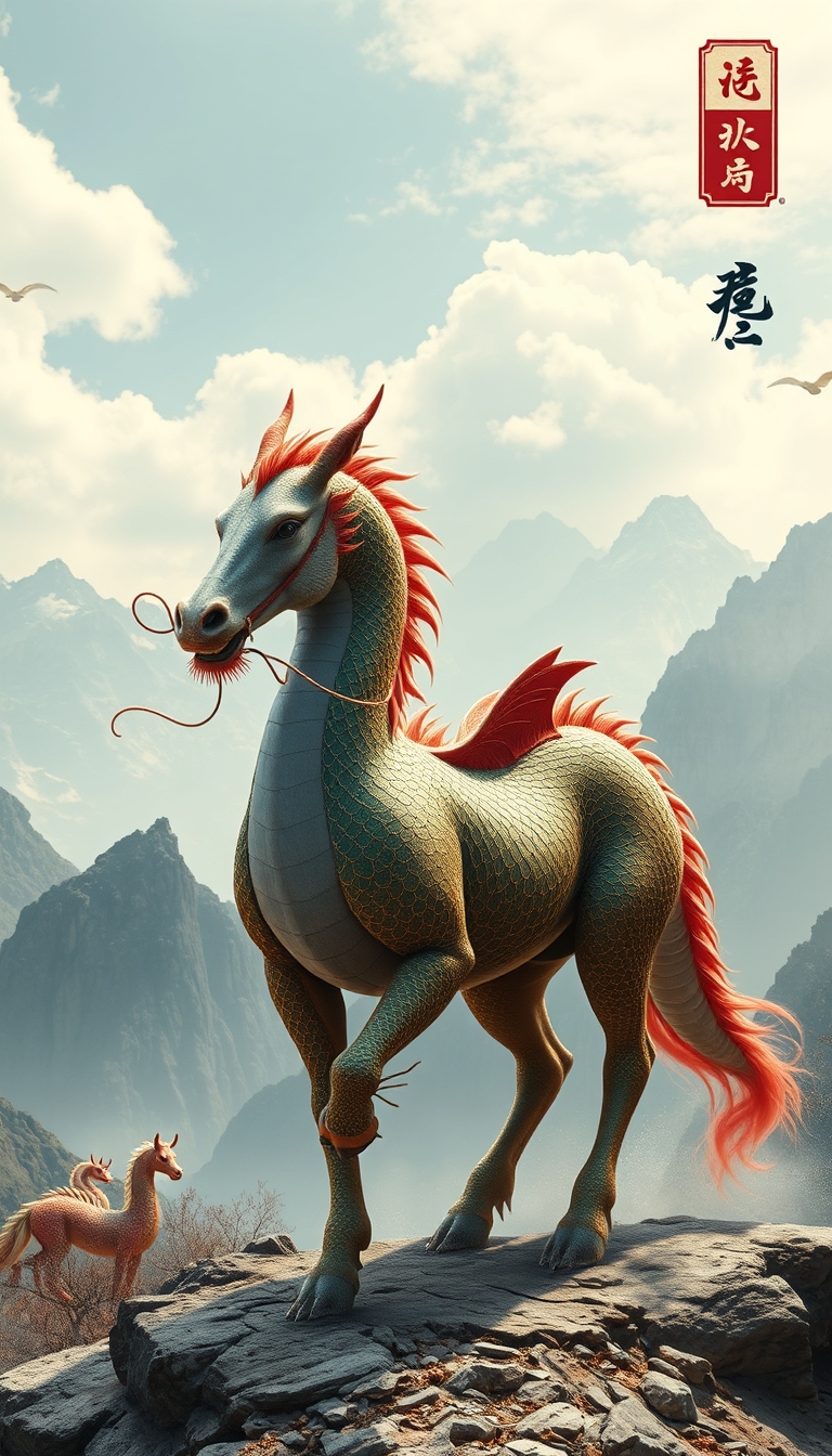 (ultra realistic) an oriental dragon combined with a horse body, China mountain background. - Image