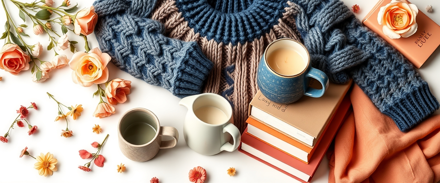 Cozy-themed items, floral items, a detailed knit sweater, steaming mug, books, all arranged and isolated on a white background, peachy, navy, and coordinating colors, trending cozy style, Folk art, 2D, icons, trending junk journal style, sticker art, hyper-realistic, high quality.