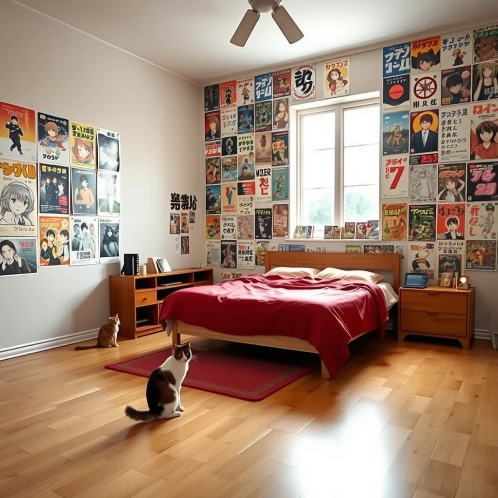 In a very large room, there is a bed, and one wall of the room is covered with many posters of Japanese manga, while the other walls are bare. There are two cats in the room, which has a window.