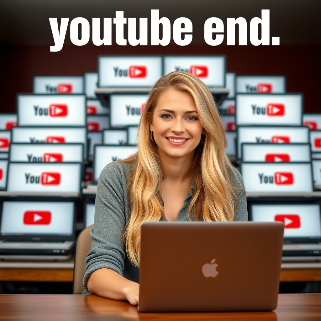 'photo of an adult blonde girl, she is a blogger, she is sitting at a table in a portrait style, behind her there is a mountain of laptops with the YouTube logo, the text on the photo says "youtube end"'