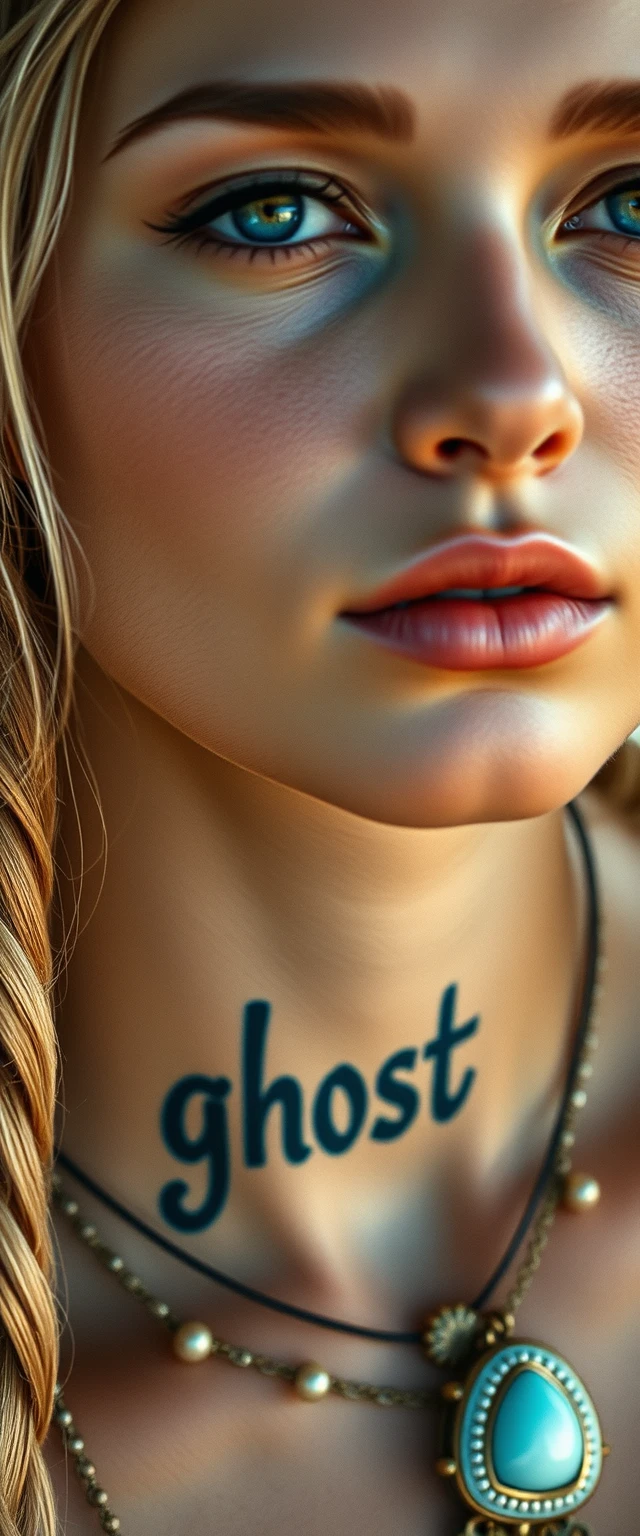 Close-up view of a tattooed neck of a white-skinned Indian woman with beautiful facial features and blue eyes, with the word "ghost" written on it, wearing ornaments. - Image