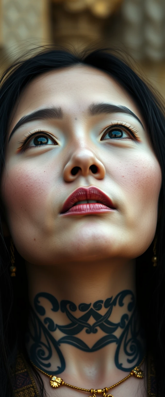 Close-up view of the tattooed neck of a Korean Indian woman with white skin and beautiful facial features, blue eyes, wearing gold ornaments, looking upward.