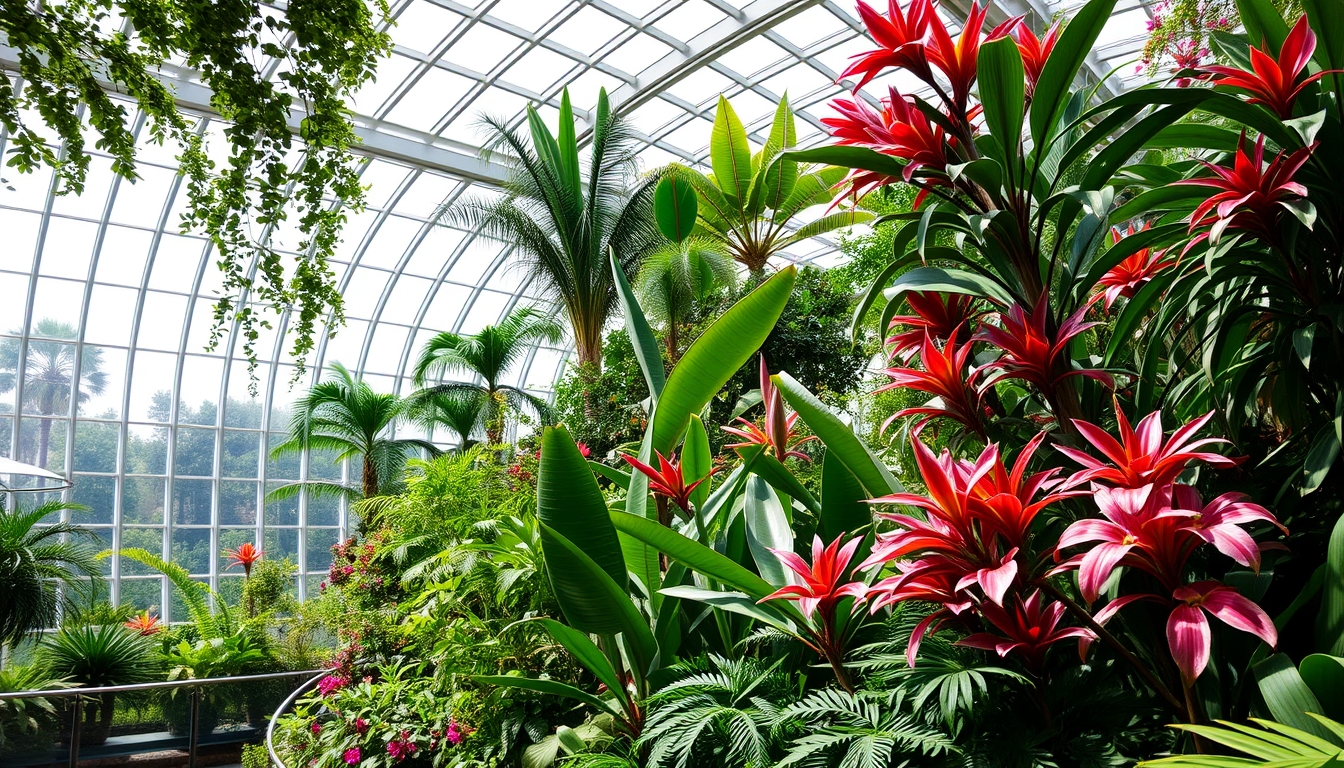 A stunning glass-enclosed botanical garden, filled with exotic plants and flowers.