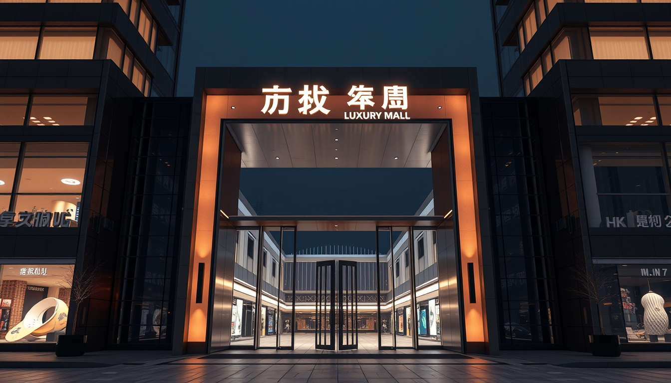 Night, close-up of a Chinese modern luxury shopping mall gate, (Minimalism: 1.4) design, cold colors, masterpiece, best quality, realistic style, 3D rendering, architectural photography, masterpiece, high quality, ultra high detail, 8K, HD. - Image