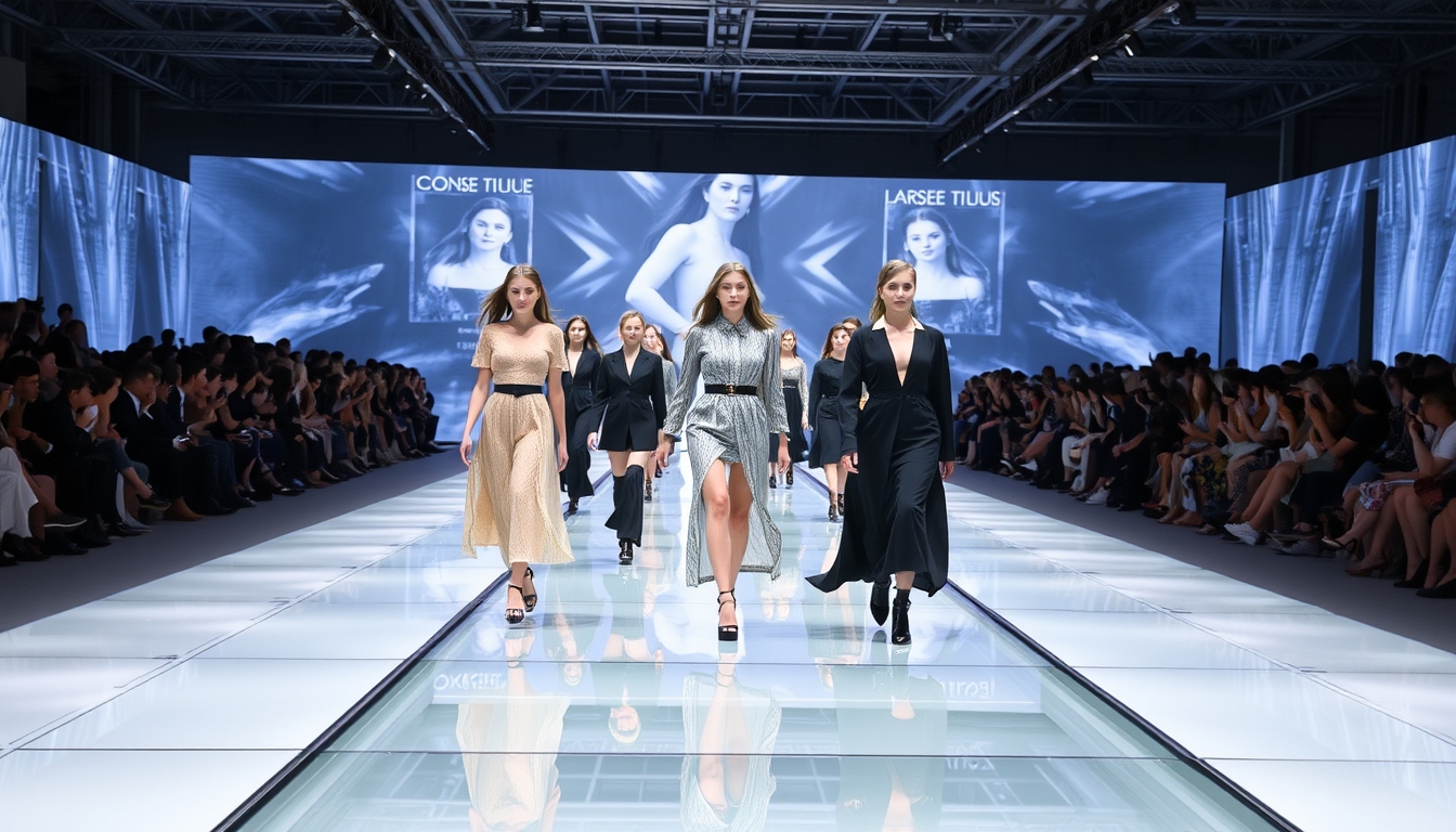 A high-end fashion show with models walking down a glass runway.