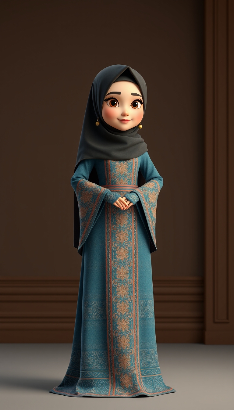 Create a 3D, 8K animated cartoon of a Muslim woman from Palembang wearing a long traditional songket dress. She should have her hands covered with batik gloves. The image should capture the elegance and cultural richness of the attire. - Image