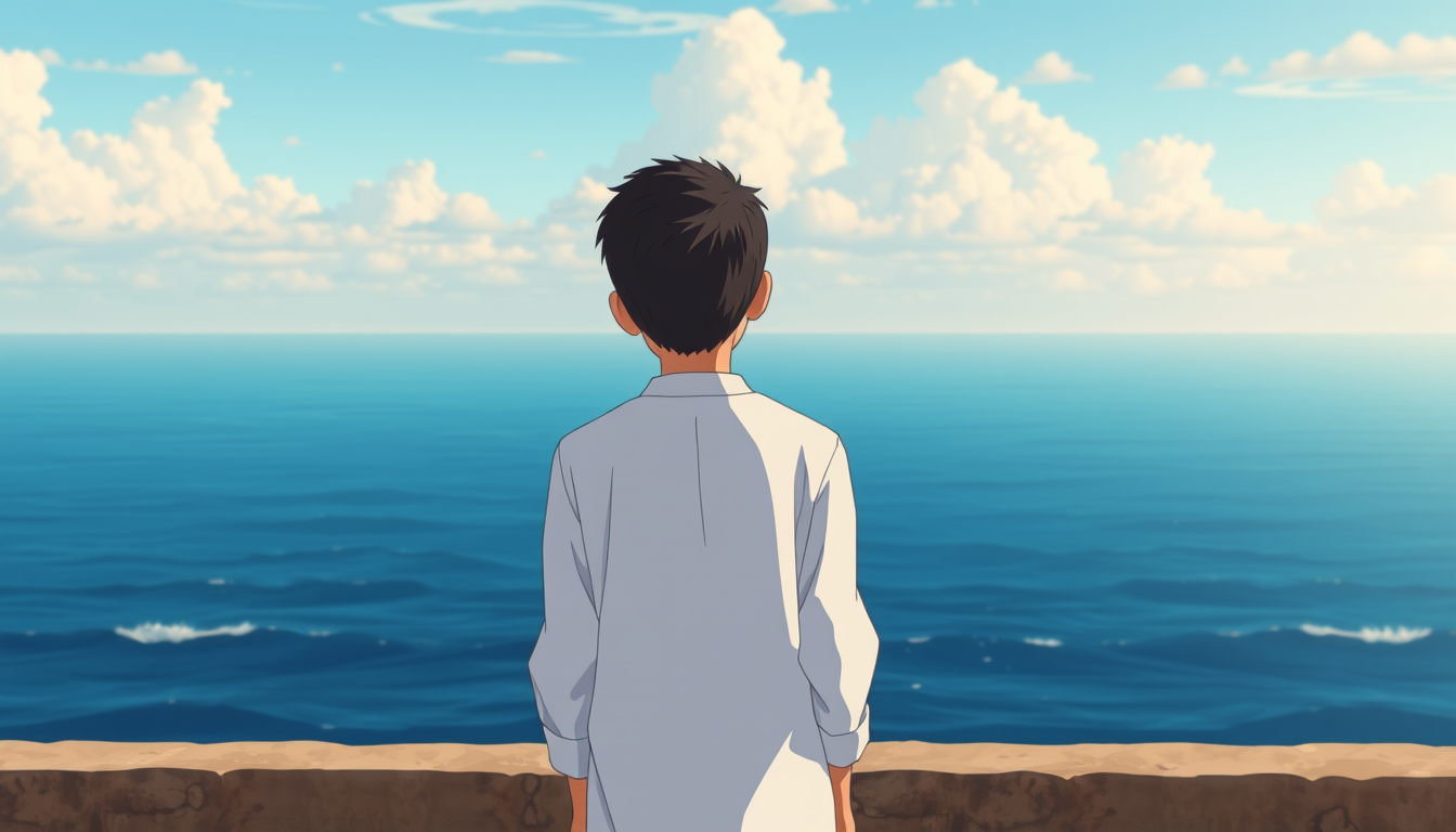 A Muslim boy in white clothing standing against an ocean horizon, anime style, Ghibli aesthetic, lifelike appearance.