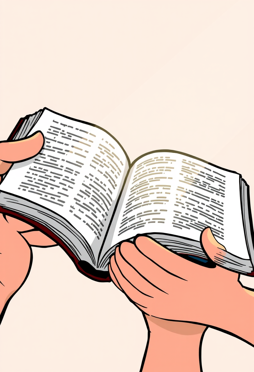 Depict a close-up of a person's hands holding an open Bible, with light shining on the pages. cartoon style, thick lines, low details, no shading.