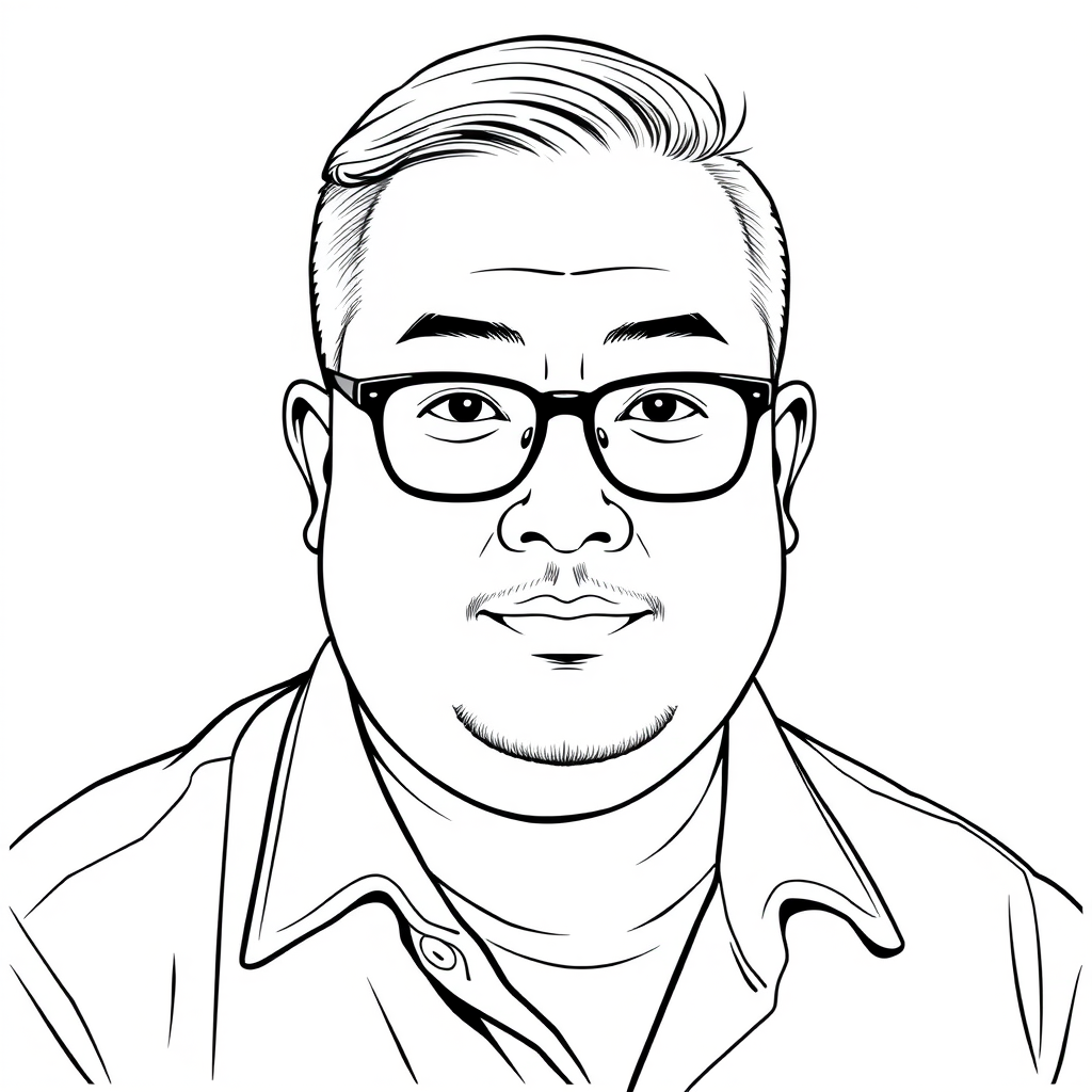 A cool black-and-white line drawing of a man around 35 years old, with short flat hair, Asian descent, wearing thin black-framed glasses, a slightly short beard on his chin, and a shirt. His face is full, with clean and fresh skin, and he has a slightly plump physique. - Image