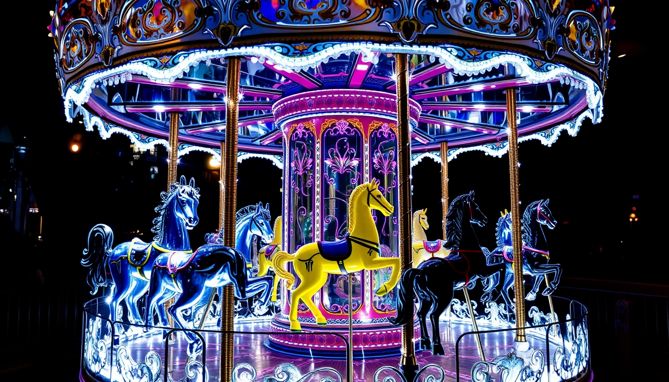 A whimsical glass carousel with beautifully detailed animals, lit up at night.