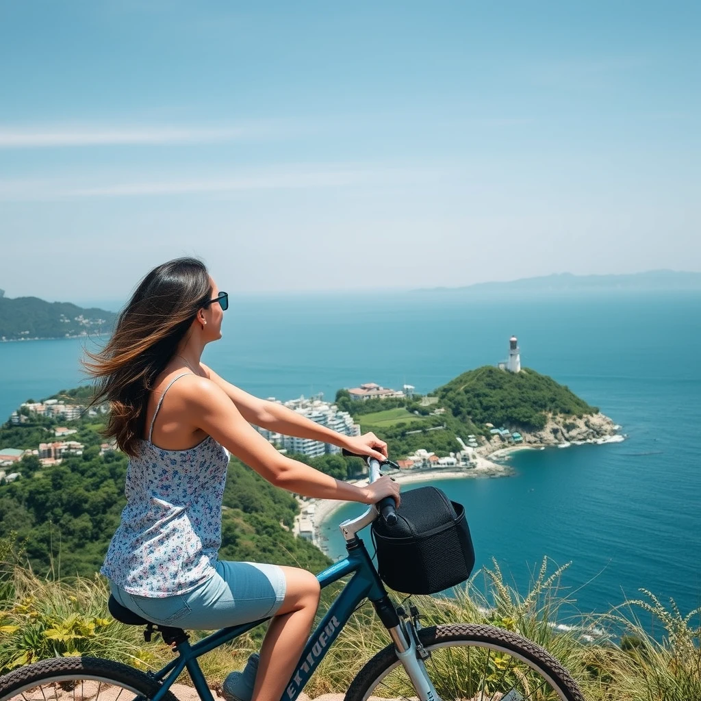 Woman cycling along the island coastline, sea breeze, fishing villages, lighthouses, endless blue, capturing unforgettable moments, photorealistic style, Hong Kong Island.