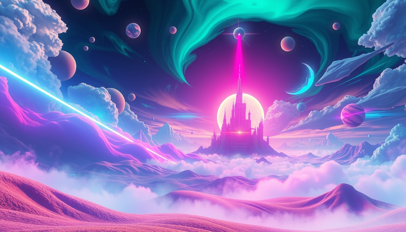 Surreal abstract landscape with neon lights, vibrant colors, and floating islands in a futuristic sky.